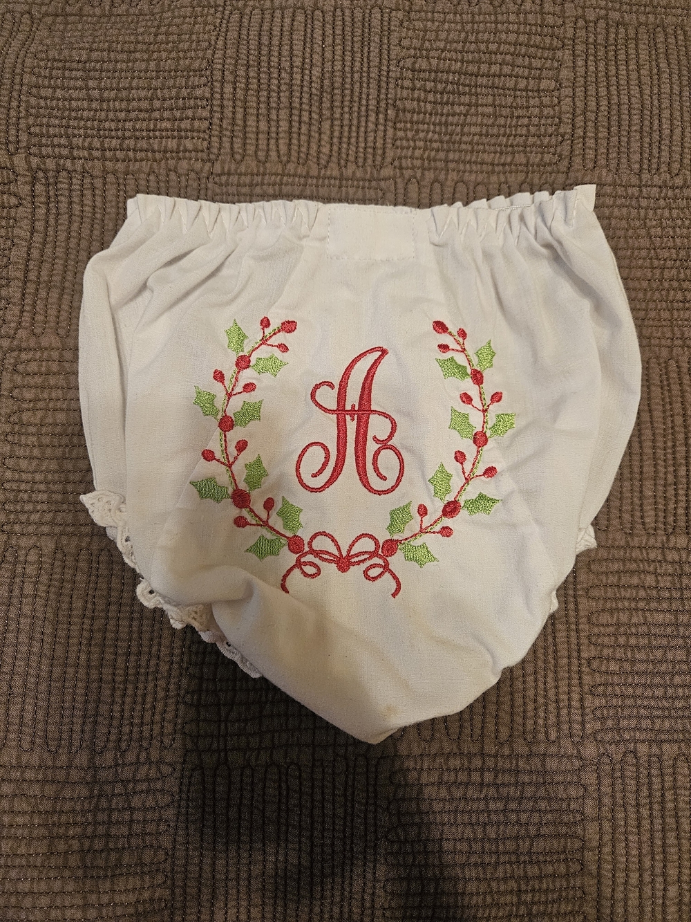 White Kids Bloomer with Red Monogram and Green Wreath Embroidery - "A"